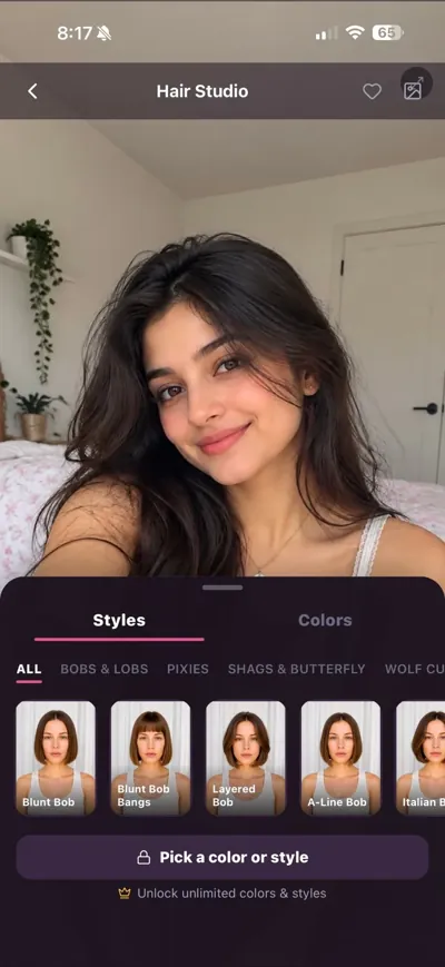 Hair Studio with a selfie loaded and the Styles tray open