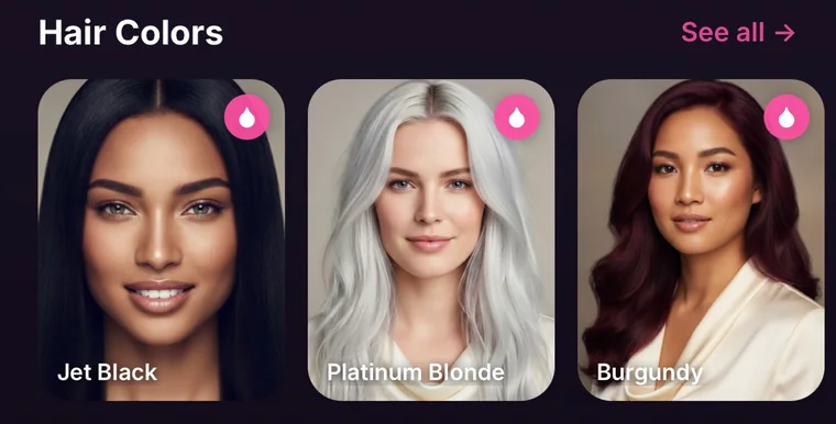 Hair Colors row in HairGlam showing Jet Black, Platinum Blonde and Burgundy
