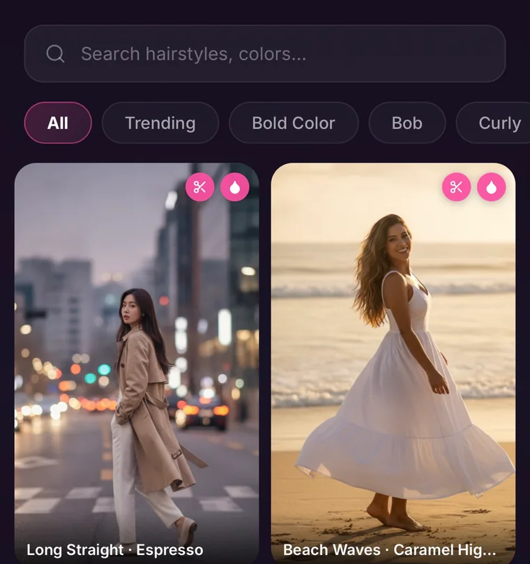 Close up of the HairGlam Discover grid: search field, filter chips, and cards labeled Long Straight and Espresso, Beach Waves and Caramel Highlights