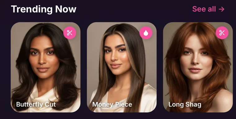 Trending Now row in HairGlam: Butterfly Cut, Money Piece and Long Shag