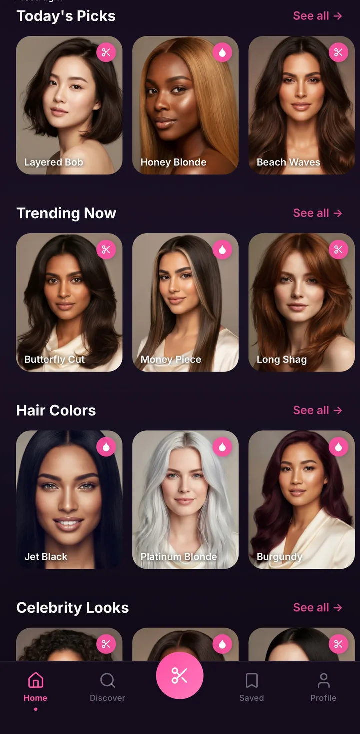 HairGlam catalog rows for Trending Now, Hair Colors and Celebrity Looks