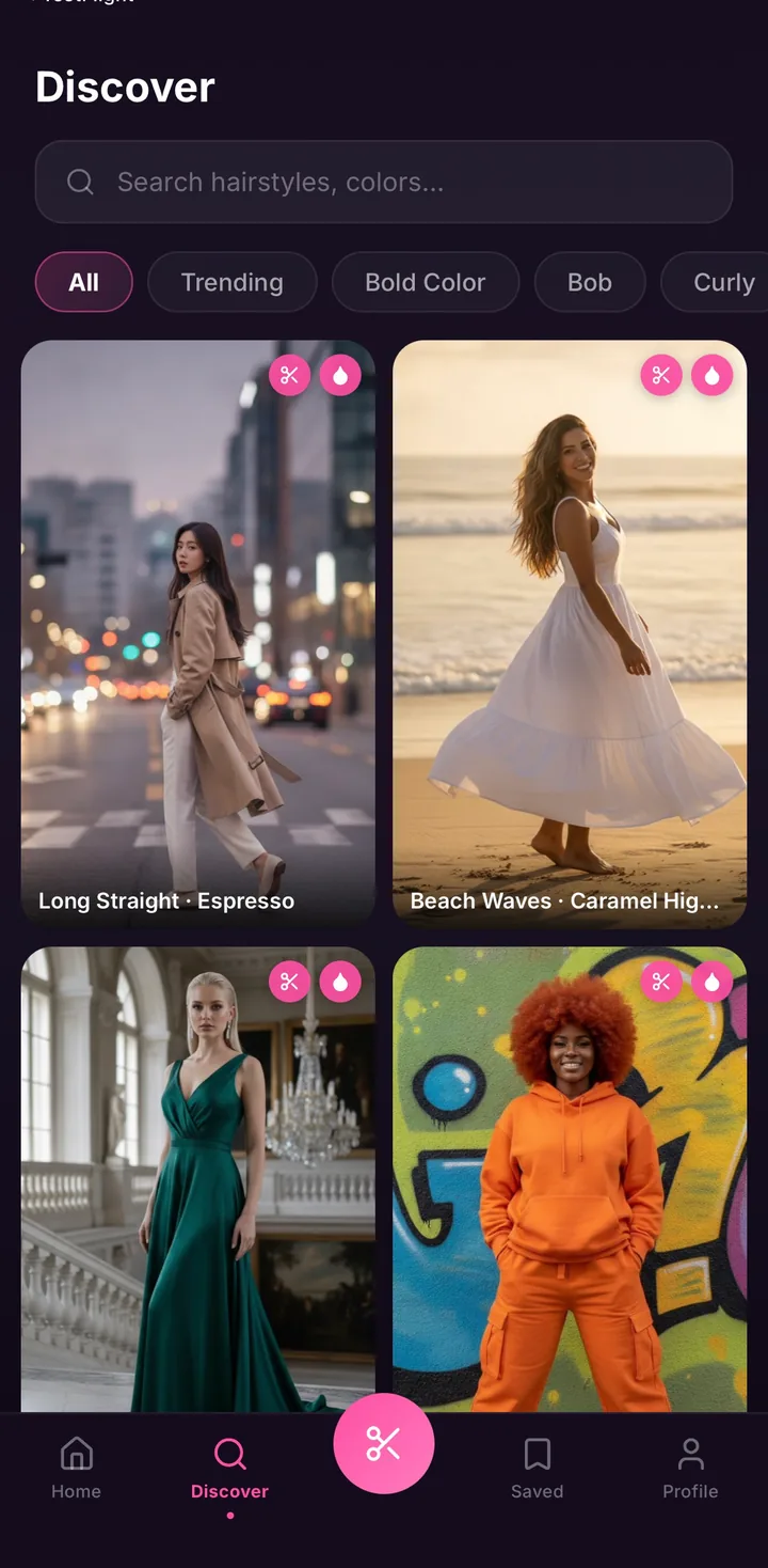 HairGlam Discover tab with a search bar and Trending, Bold Color, Bob and Curly filters