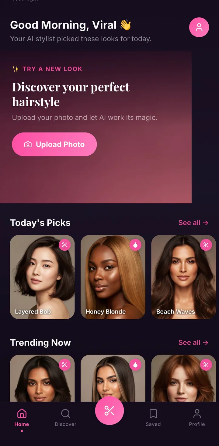 HairGlam home screen showing Upload Photo and Today's Picks